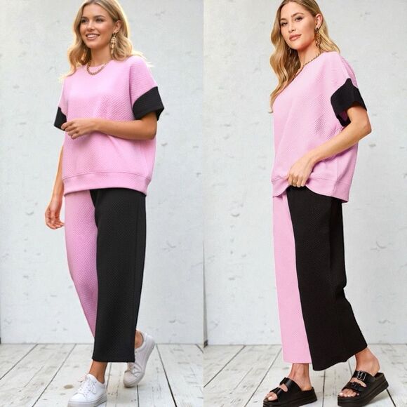 Pink & Black Texture Contrast T-Shirt and Wide Leg Pants Lounge Set NWT - Picture 4 of 8